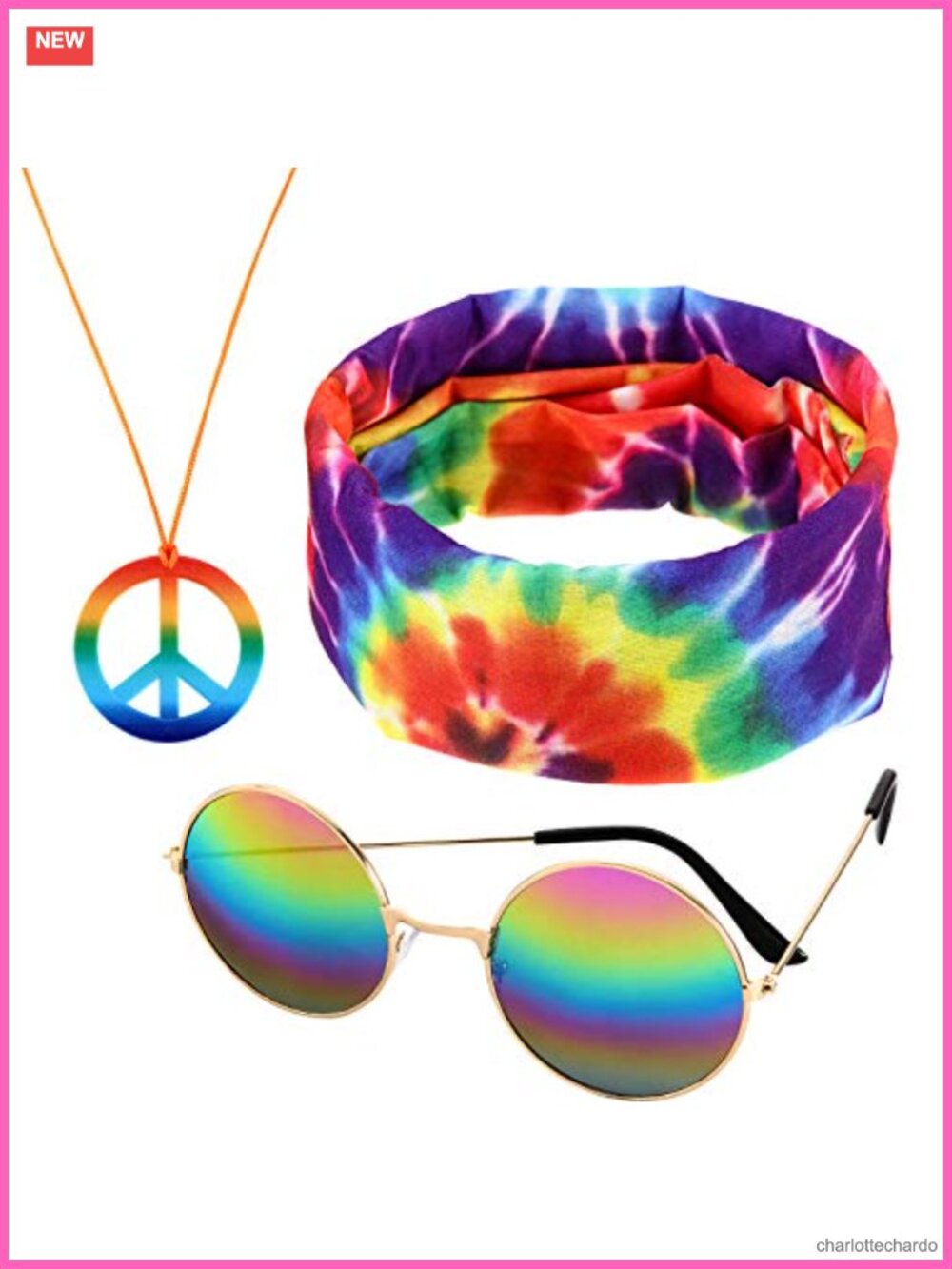 Hippie Accessories Set 70s Costume Peace Necklace Headscarf Sunglasses
